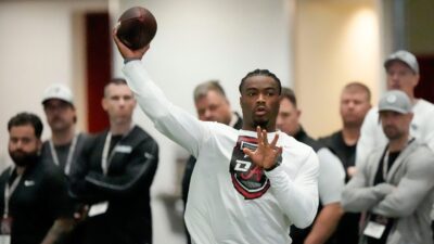 Jalen Milroe shown at Alabama Pro Day.
