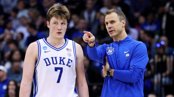 Duke coach Jon Scheyer offers advice to sharpshooter Kon Knueppel.