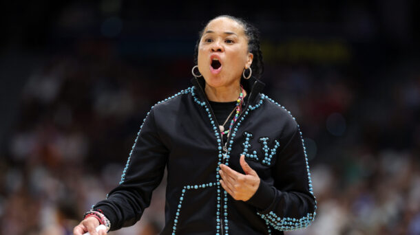 Dawn Staley coaches.