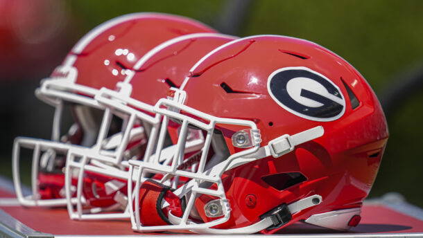Georgia Bulldogs helmet in a line.