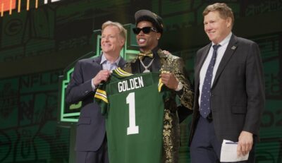 Matthew Golden celebrates being picked in Round 1 of the 2025 NFL Draft.