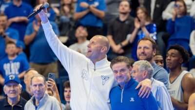 Mark Pope and Rick Pitino shown at Big Blue Madness.