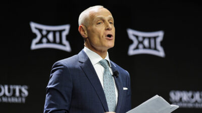 Big 12 Commissioner Brett Yormark addresses the media.