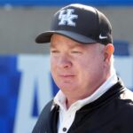 Kentucky football coach Mark Stoops watches practice.