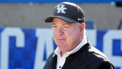 Kentucky football coach Mark Stoops watches practice.