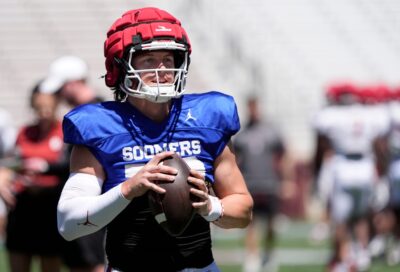 John Mateer looks to throw a pass during Oklahoma's spring game.