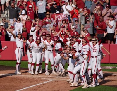 Oklahoma softball celebrates.