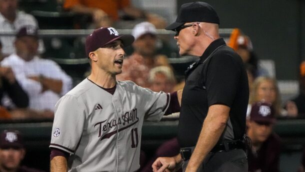 Texas A&M heads coach Michael Earley discusses a call.