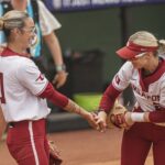 Sam Landry celebrates after Oklahoma's win at the SEC Softball Tournament.