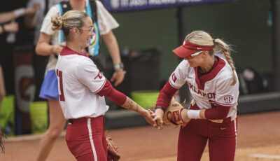 Sam Landry celebrates after Oklahoma's win at the SEC Softball Tournament.