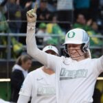 Oregon star Emma Cox celebrates.