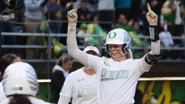Oregon star Emma Cox celebrates.