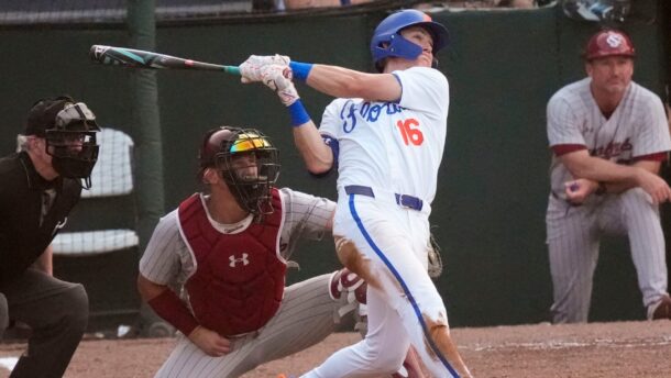 Florida's Hayden Yost hits a home run in the SEC Tournament.