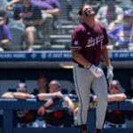 Texas A&M star Jace LaViolette after being hit by a pitch.