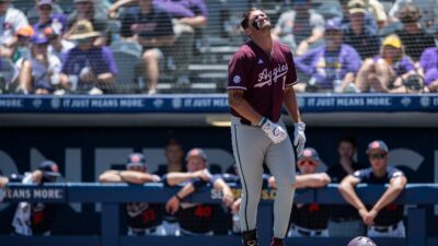 Texas A&M star Jace LaViolette after being hit by a pitch.