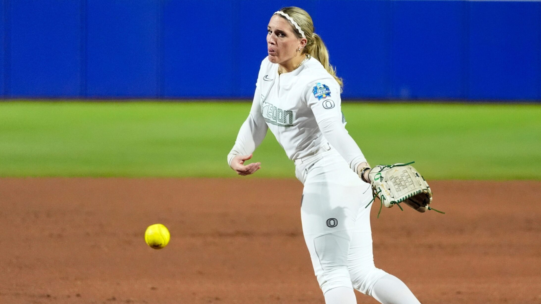 Oregon softball pitcher kicks up a clump of dirt, obliterates it in mid-air