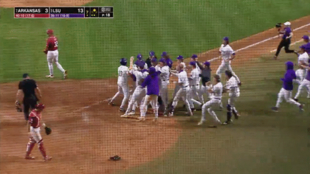 LSU players celebrate.