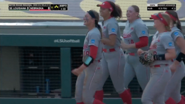 Nebraska and pitcher Jordy Bahl celebrate.