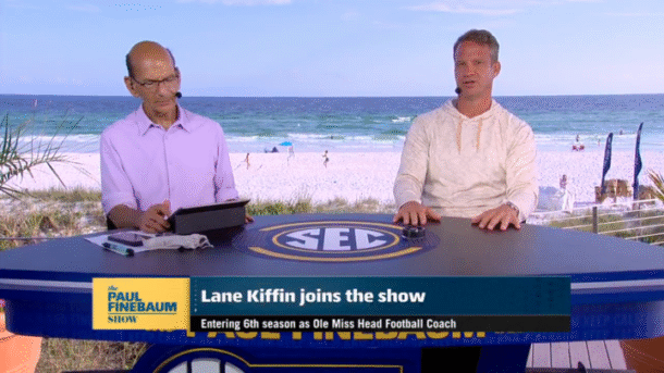 Lane Kiffin and Paul Finebaum on set.