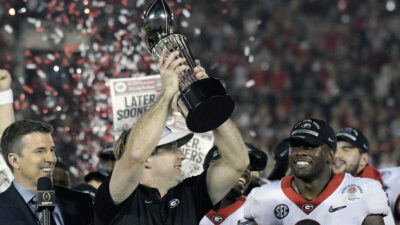 Georgia head coach Kirby Smart reacts to Rose Bowl win.