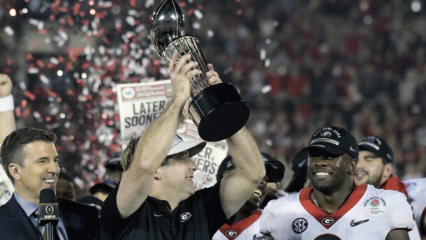 Georgia head coach Kirby Smart reacts to Rose Bowl win.