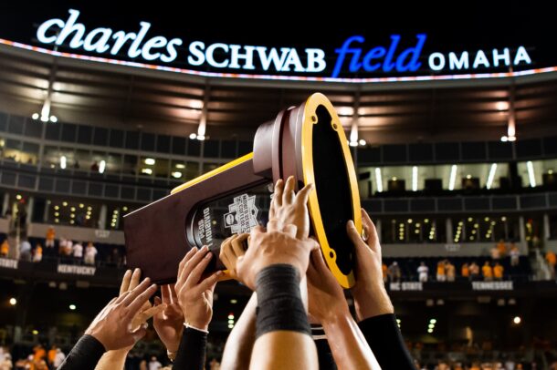 Tennessee celebrates its 2024 College World Series title.