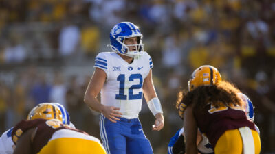 BYU QB Jake Retzlaff calls a signal.