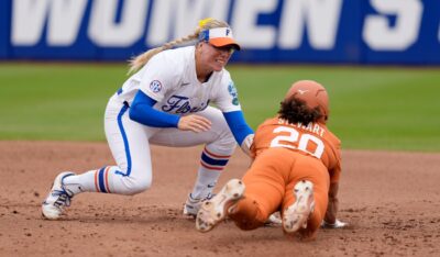 Mia Williams tags out a Texas runner.