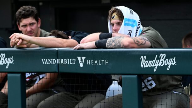 Vanderbilt baseball players react to a loss.