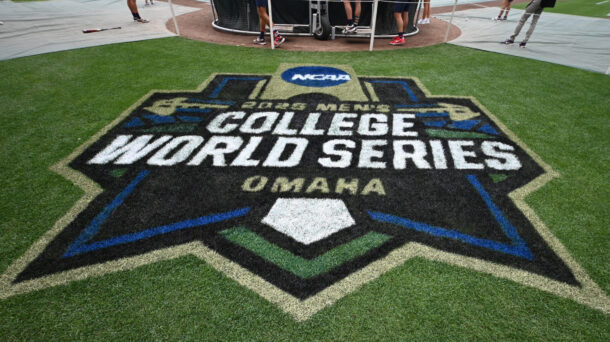 College World Series logo in Omaha.
