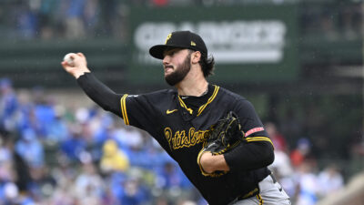 Pittsburgh Pirates star Paul Skenes pitches.