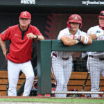 The Arkansas Razorbacks baseball team in the dugout.