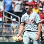 Arkansas ace Gage Wood celebrates his no-hitter.