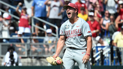 Arkansas ace Gage Wood celebrates his no-hitter.