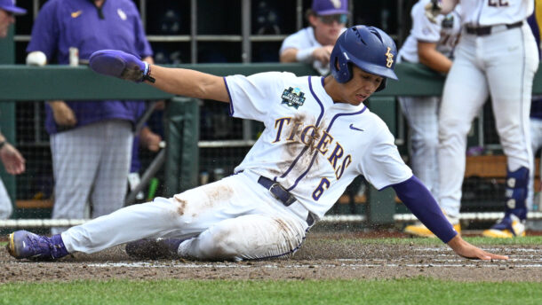 LSU's Derek Curiel slides home.