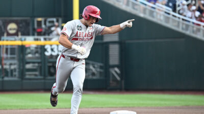 Ryder Helfrick after hittng a home run in the College World Series.