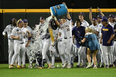 LSU baseball players celebrate.
