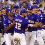 LSU baseball players celebrate.