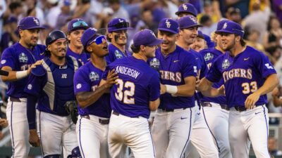 LSU baseball players celebrate.