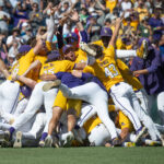 LSU baseball players celebrate a national championship.