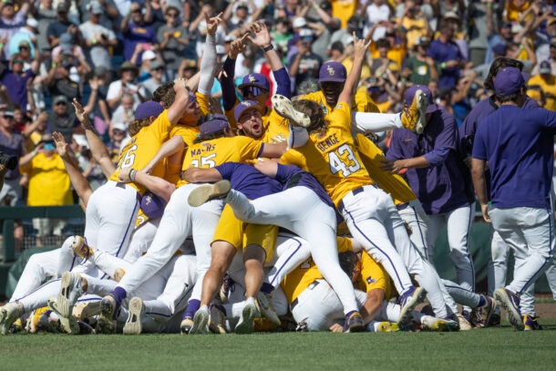 LSU baseball players celebrate a national championship.