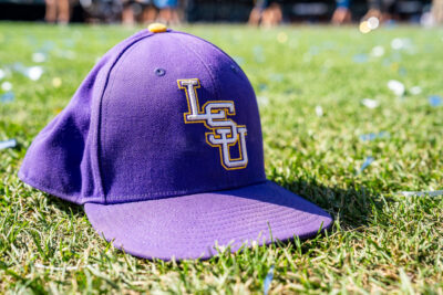 LSU hat shown on field at College World Series.