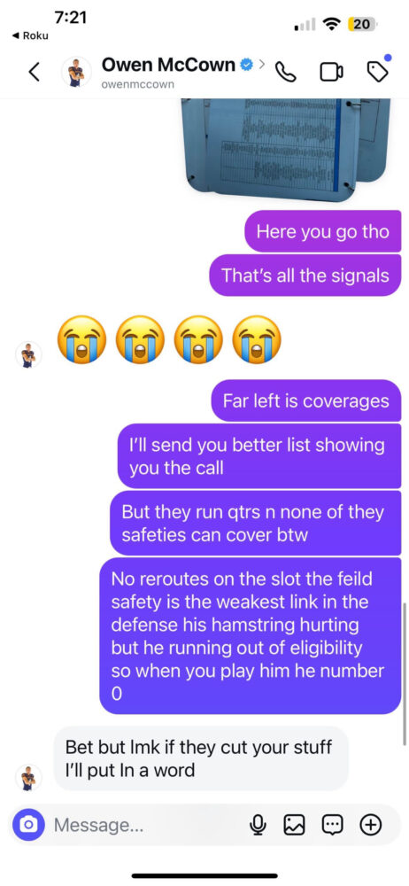 Alleged private message conversation between former Michigan safety Tahj Ra-El and UTSA quarterback Owen McCown, via Tiger Sports Report.