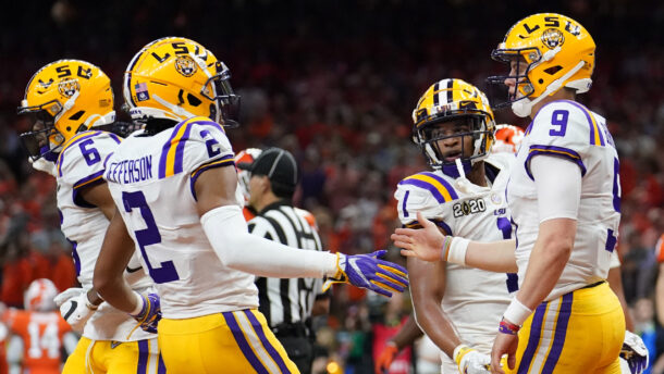 LSU quarterback Joe Burrow celebrates with wide receiver Justin Jefferson.