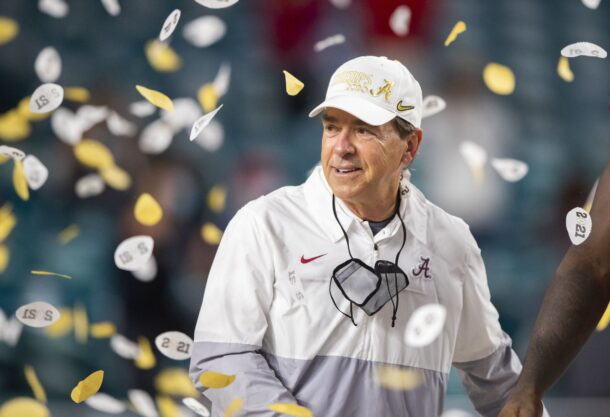 Nick Saban celebrates an Alabama national championship.