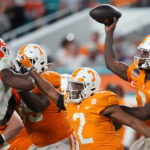 Joe Milton throws the ball for Tennessee.
