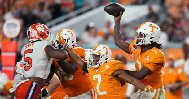 Joe Milton throws the ball for Tennessee.