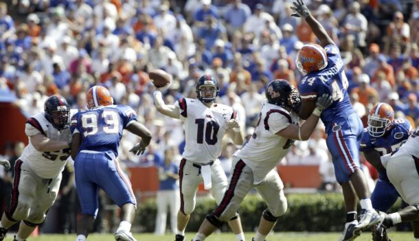 Eli Manning attempts a pass for Ole Miss against Florida.