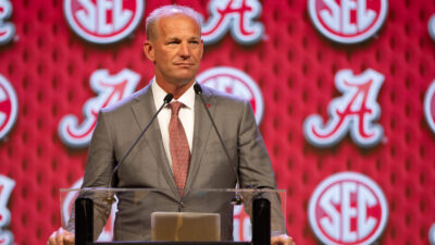 Kalen DeBoer speaks at SEC Media Days in 2024.
