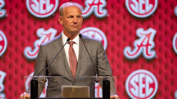 Kalen DeBoer speaks at SEC Media Days in 2024.